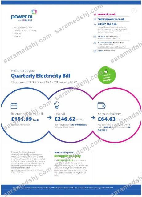 UNITED KINGDOM POWER NI utility bil Word and PDF template